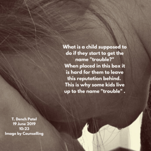 What is a child supposed to do if they start to get the name _trouble__ When we place them in this box it hard for them to leave it behind. This is why some kids live up to the name _trouble_.